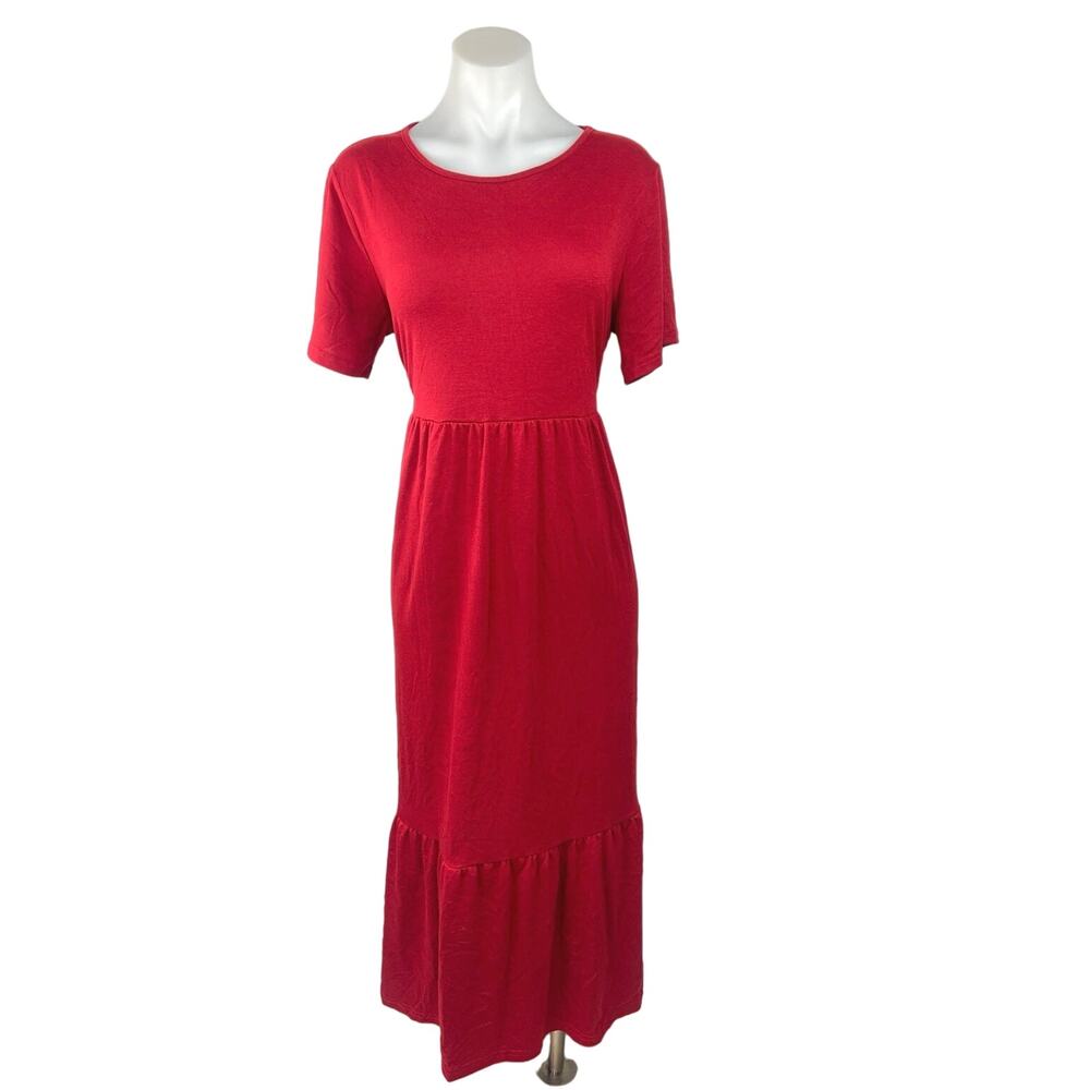 Prinbara Red Crewneck Short Sleeve Tiered Stretch Midi Casual Pull On Dress Sz L